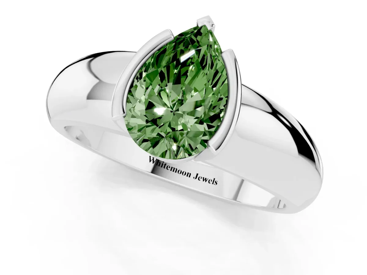 Fancy Green Pear Cut Solitaire Tension Set Diamond Ring with Wide Band Silver