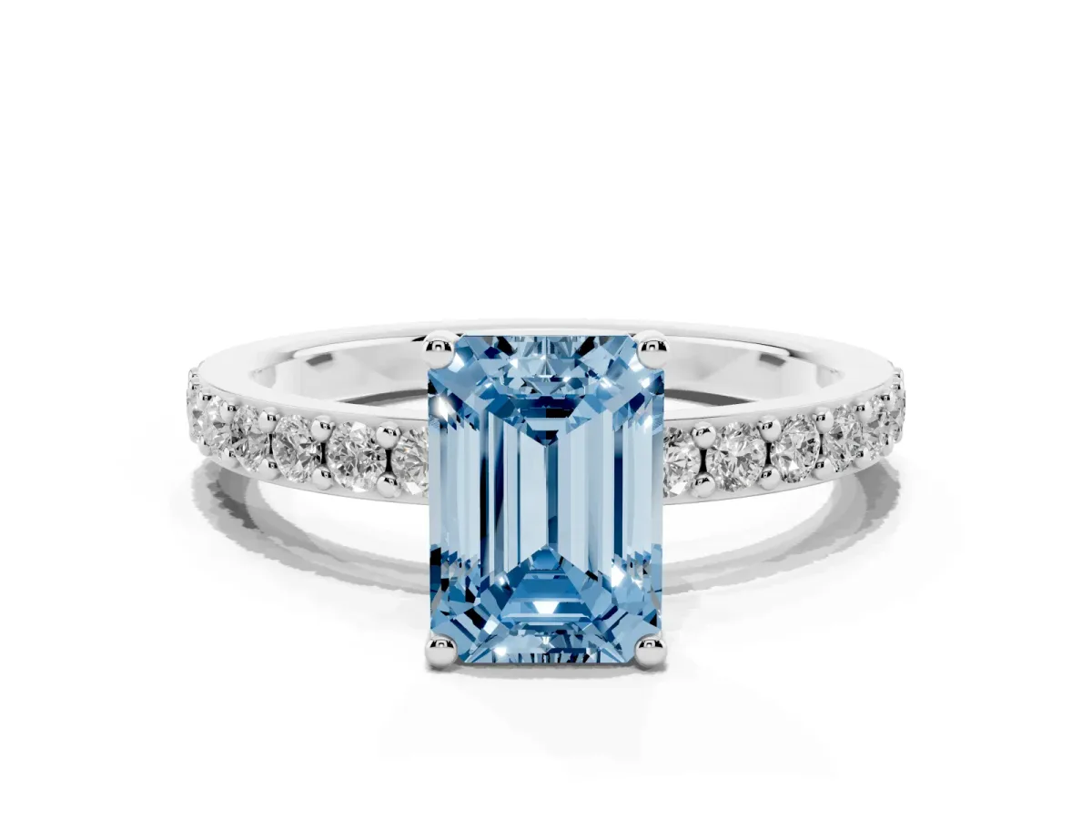 Fancy Blue Emerald Cut Cut Diamond Solitaire with Pave Band and Four-Prong Setting Silver