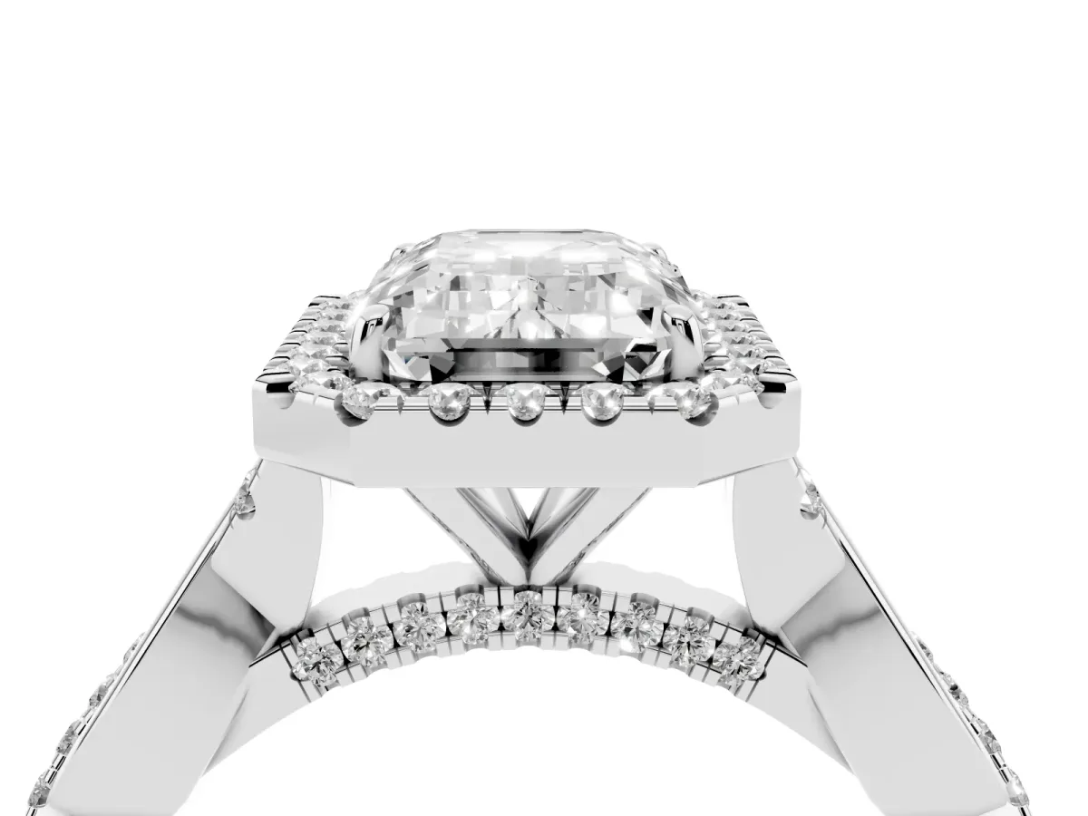 Emerald Cut Halo Twist Band Solitaire Ring Silver