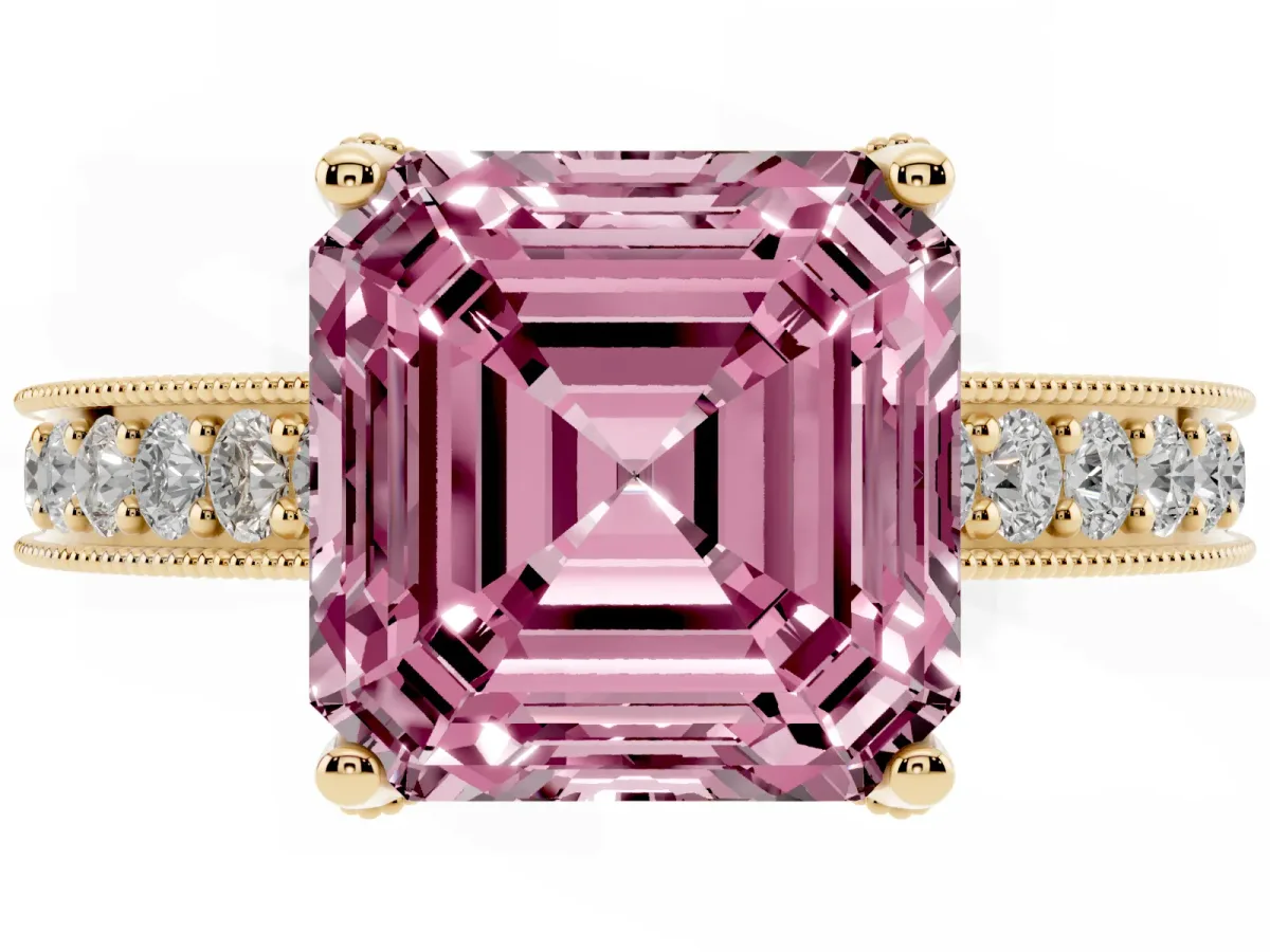 Fancy Pink Asscher Cut Cut Diamond Solitaire Ring with Milgrain Pave Band and Four Prong Setting Yellow gold