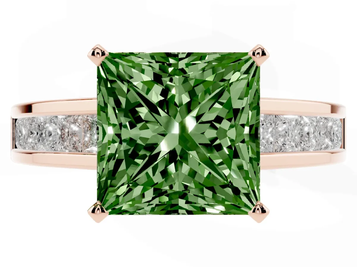Fancy Green Princess Cut Solitaire Diamond Ring with Channel-Set Band and Four-Prong Setting Rose gold