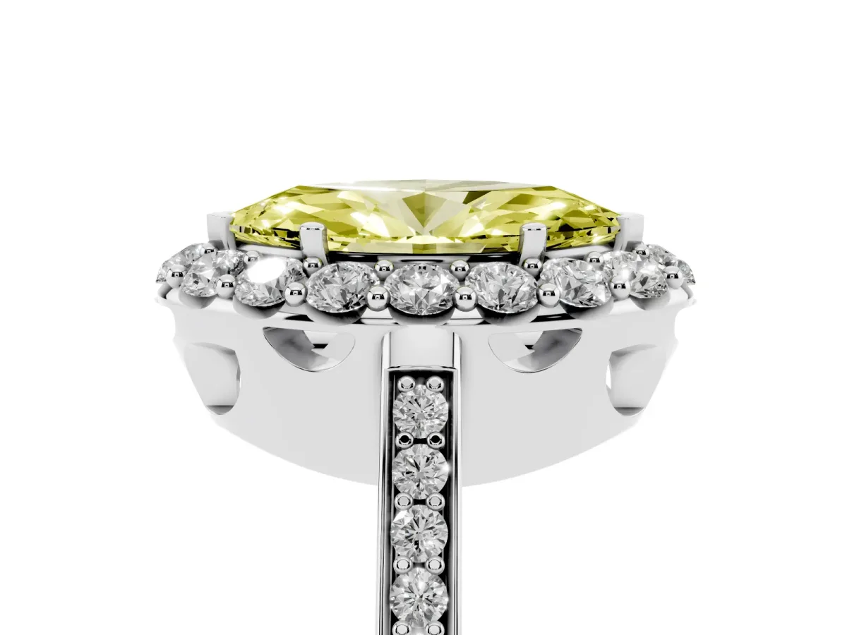 Fancy Yellow Marquise Cut Diamond Floral Halo Ring with Pavé Band and Prong Setting Platinum