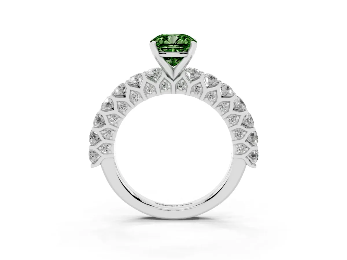 Fancy Green Cushion Cut Diamond Solitaire Ring with Shared Prong Pavé Band and Four-Prong Setting Silver
