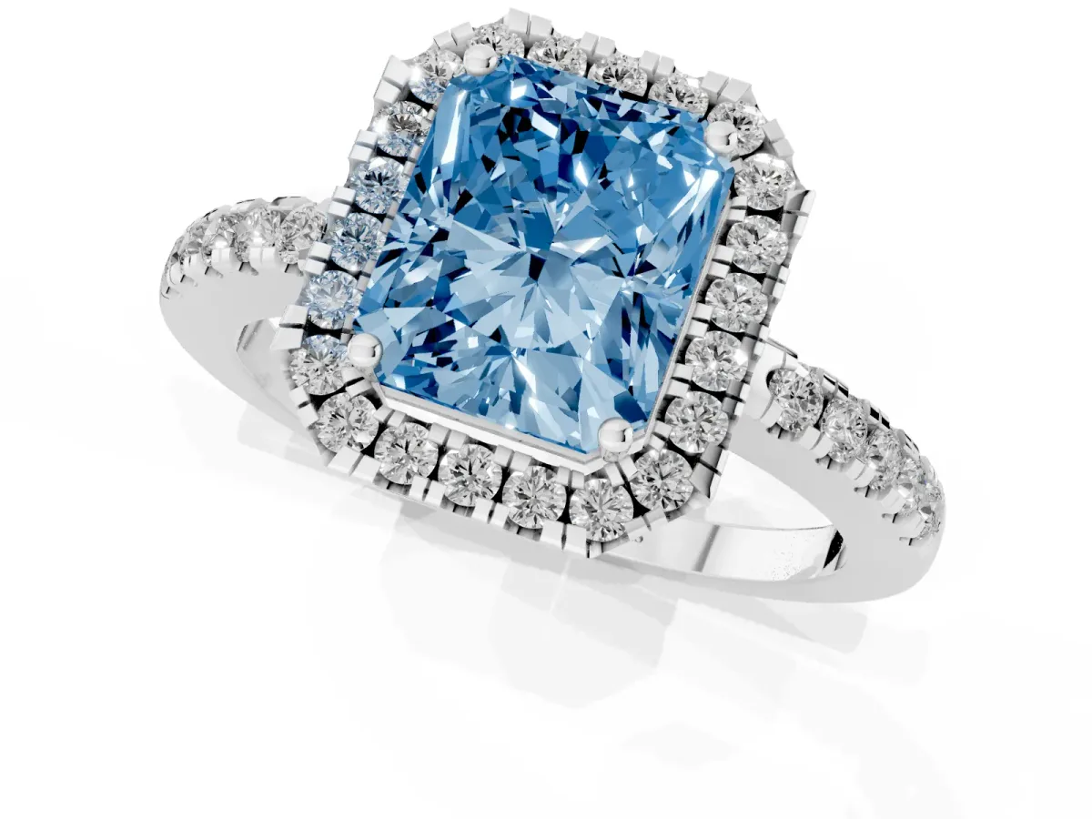 Fancy Blue Radiant Cut Halo Diamond Engagement Ring with Pavé Band and Four-Prong Setting Silver