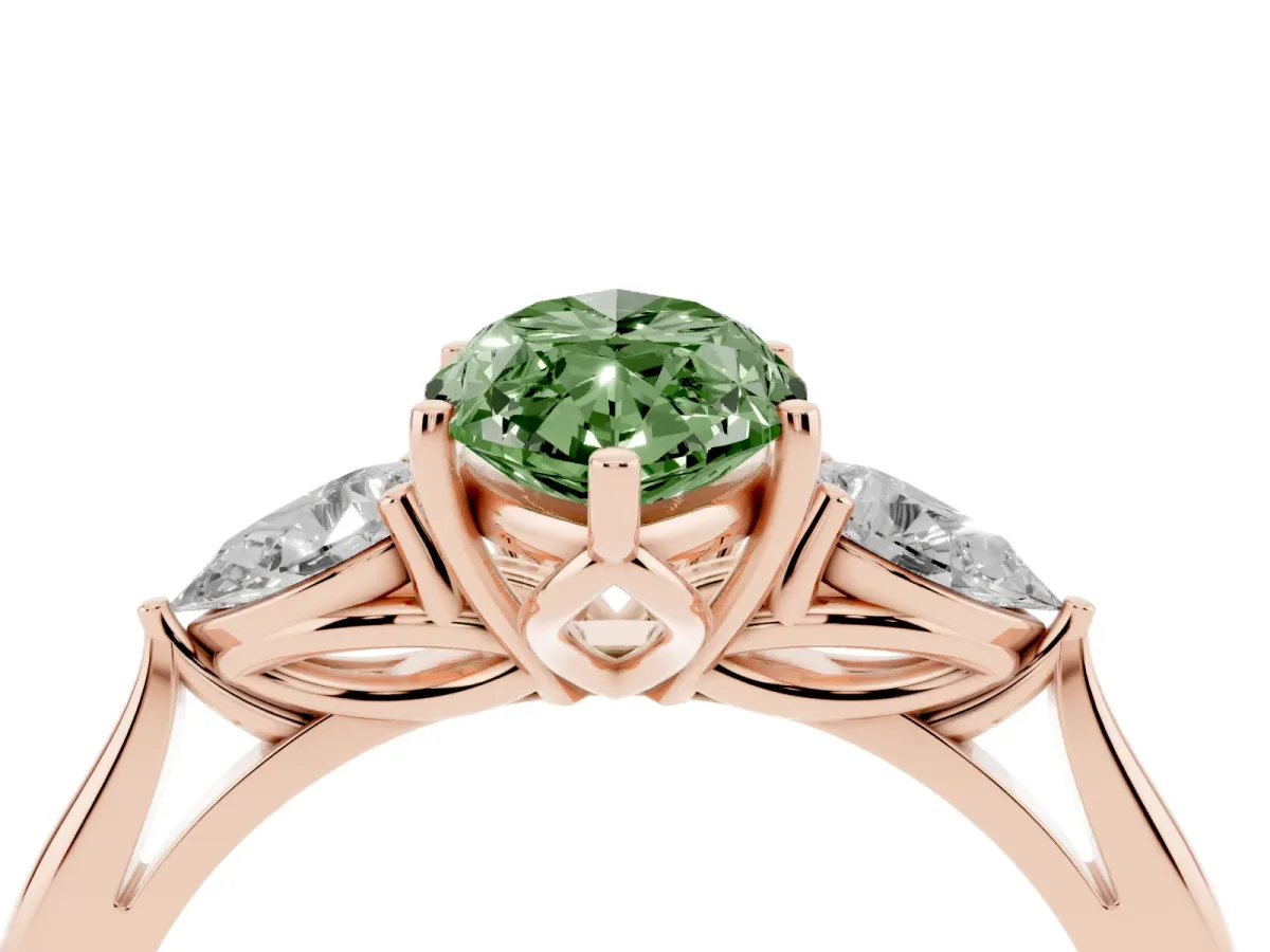 Fancy Green Three-Stone Marquise Cut Diamond Ring with Pear Side Stones in Four-Prong Setting Rose gold