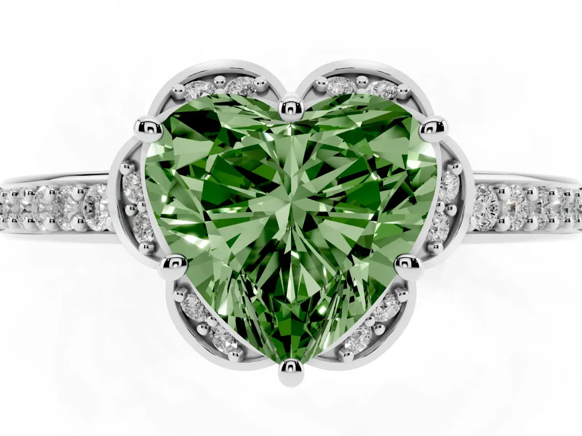 Fancy Green Heart Cut Cut Halo Diamond Ring with Channel Set Band and Four-Prong Setting Platinum
