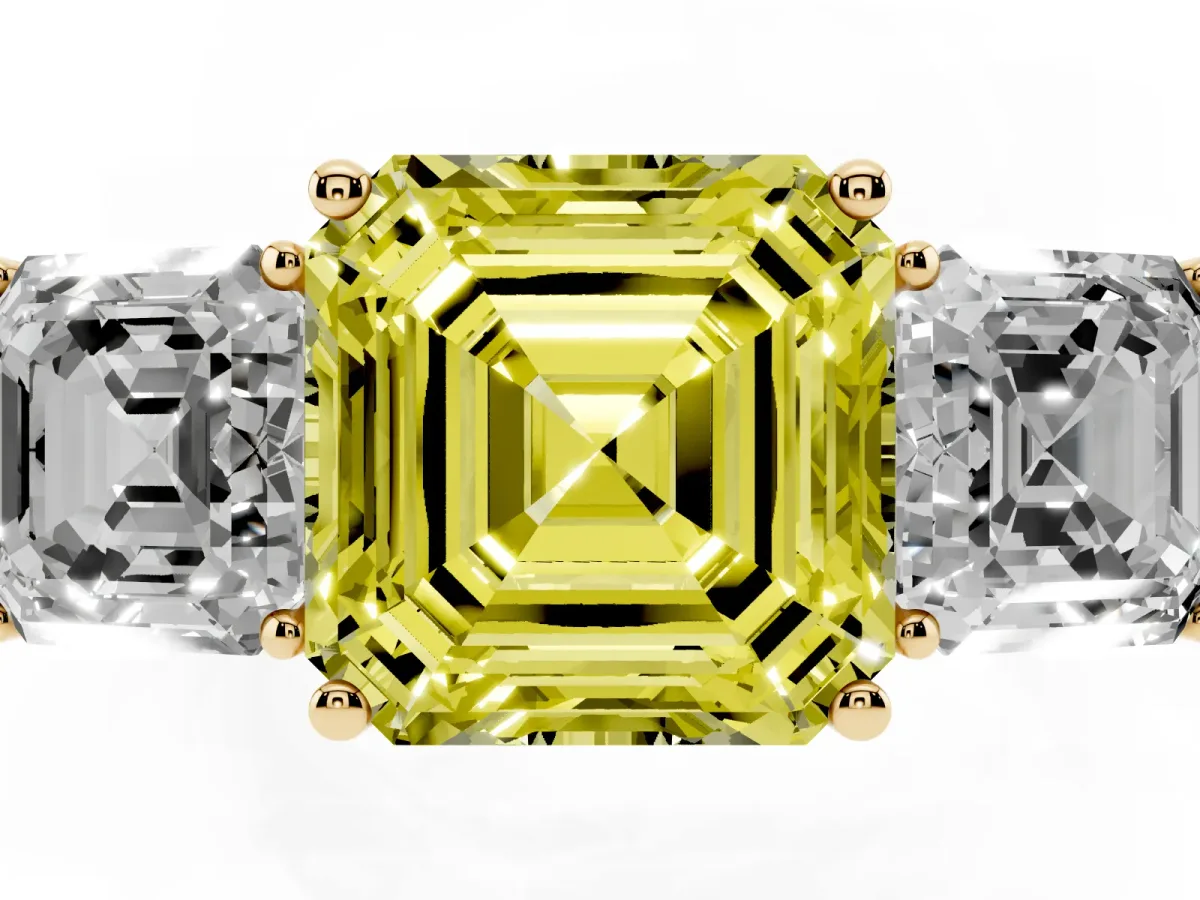 Fancy Yellow Three-Stone Asscher Cut Cut Diamond Engagement Ring with Flat Band and Four-Prong Setting Yellow gold