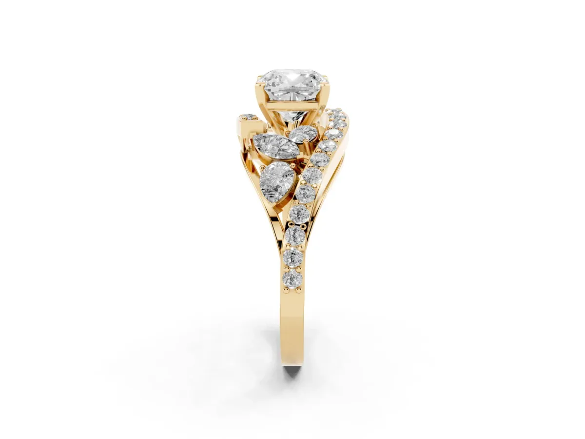 Cushion Cut Diamond Halo Ring with Marquise and Pavé Band in Prong Setting Yellow gold