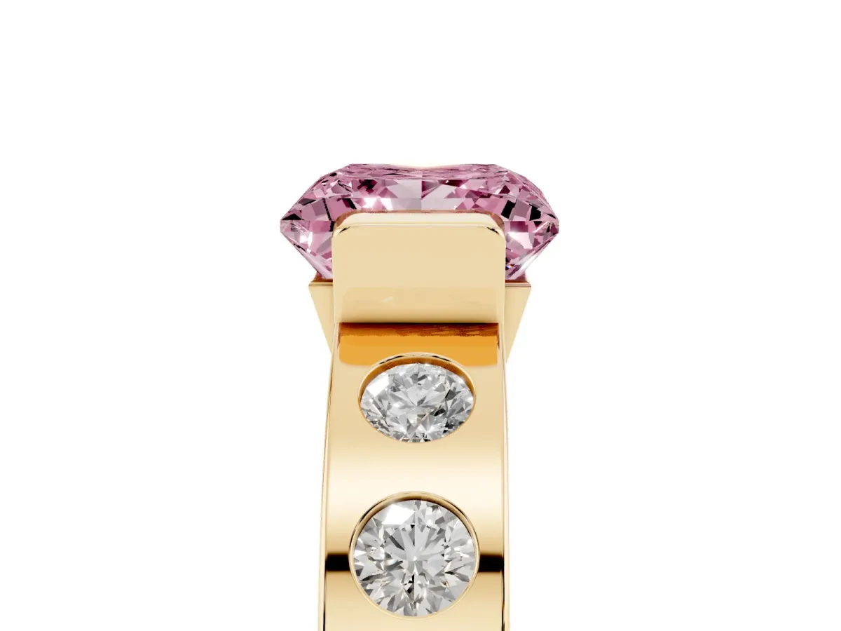 Fancy Pink Princess Cut Brilliant Channel-Set Diamond Ring with Bezel Prong Setting Yellow gold