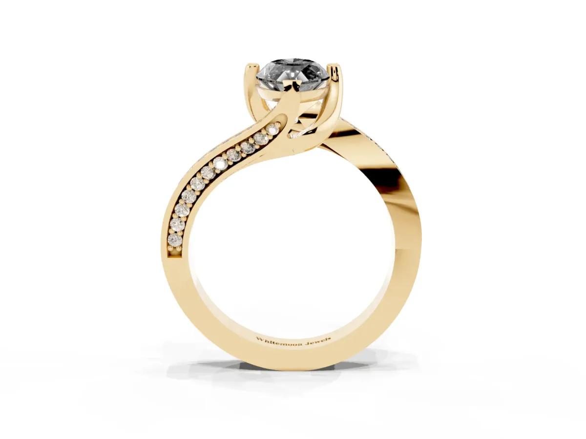 Fancy Black Marquise Cut Solitaire Diamond Twist Band with Pavé Setting and Four-Prong Setting Yellow gold