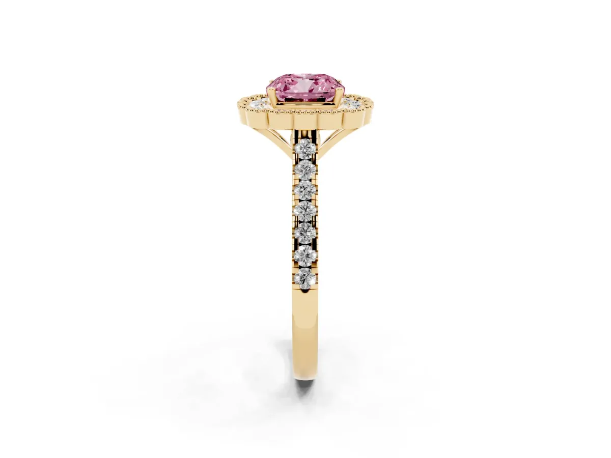Fancy Pink Cushion Cut Cut Diamond Milgrain Floral Halo Engagement Ring with Pavé Band Yellow gold
