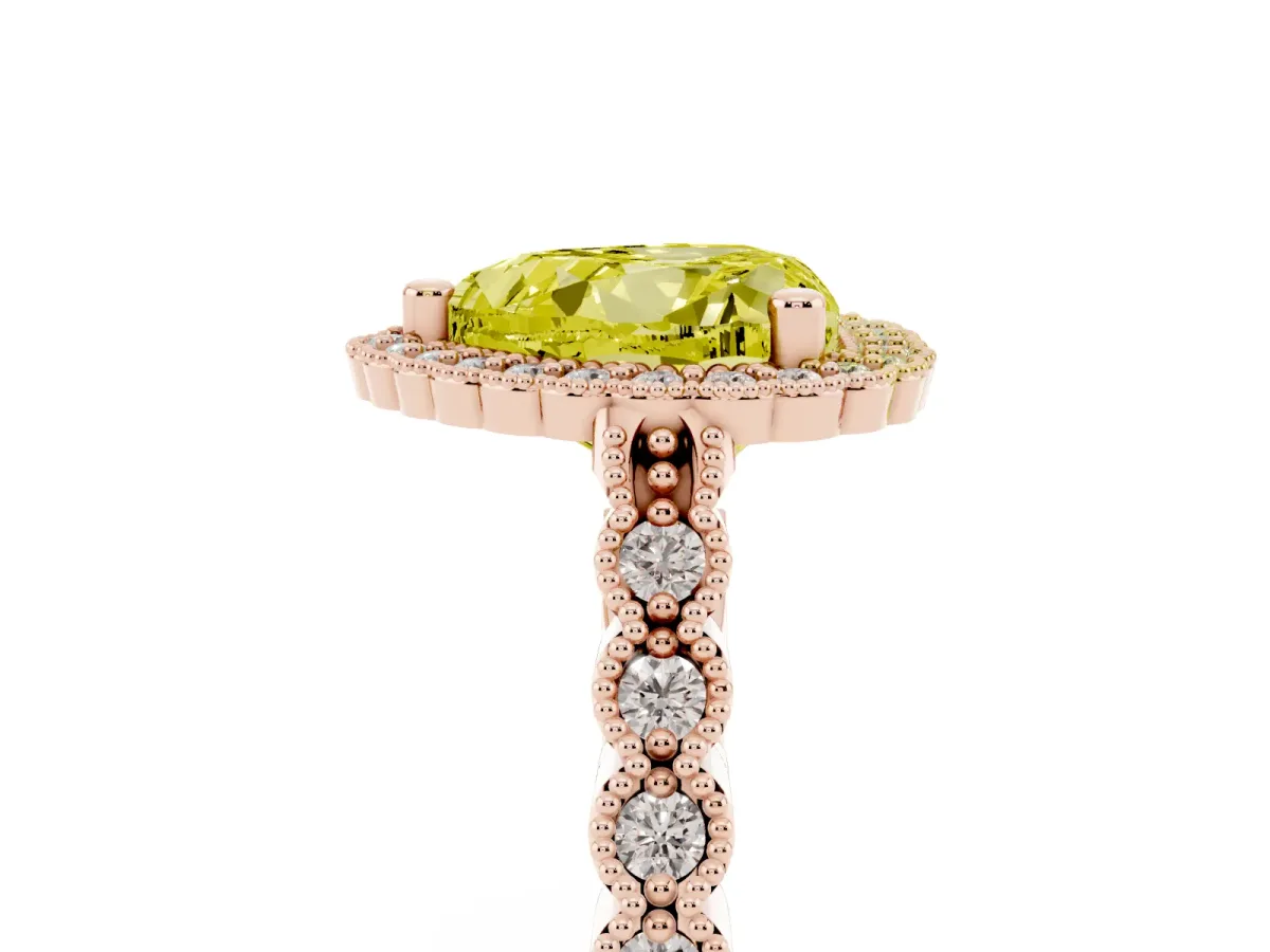 Fancy Yellow Heart Cut Cut Halo Pavé Solitaire Ring with Milgrain Band Rose gold