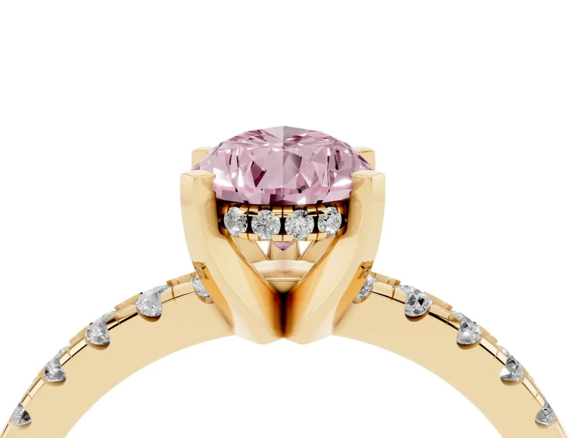 Fancy Pink Pear Cut Diamond Solitaire Ring with Round Pavé Band and Four-Prong Setting Yellow gold