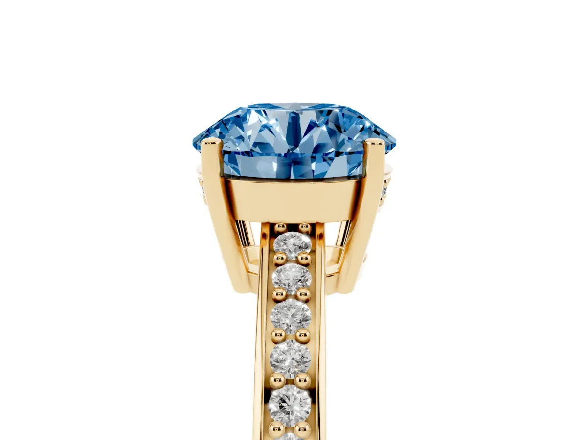 Fancy Blue Round Cut Solitaire Pavé Band Prong Setting Ring Yellow gold