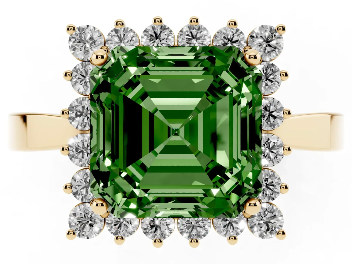 Fancy Green Asscher Cut Cut Diamond Halo Ring with Round Brilliant Halo and Solitaire Band Yellow gold