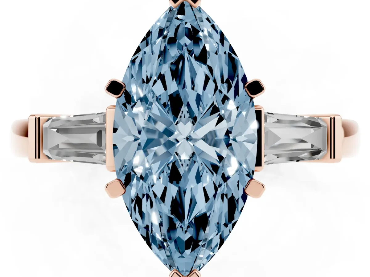 Fancy Blue Marquise Cut Cut Diamond Solitaire Ring with Tapered Baguette Accents and Four-Prong Setting Rose gold
