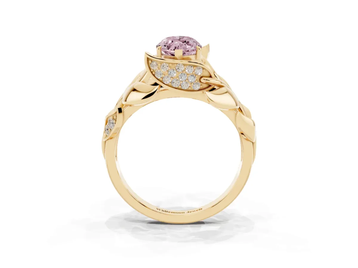 Fancy Pink Marquise Cut Diamond Leaf-Inspired Engagement Ring with Round Accents and Prong Setting Yellow gold