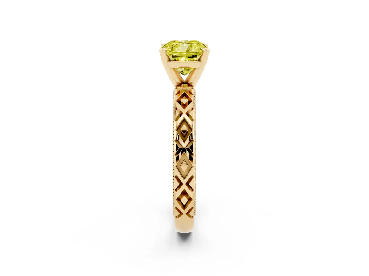 Fancy Yellow Cushion Cut Solitaire Diamond Ring with Milgrain and Black Enamel X Pattern Band Yellow gold