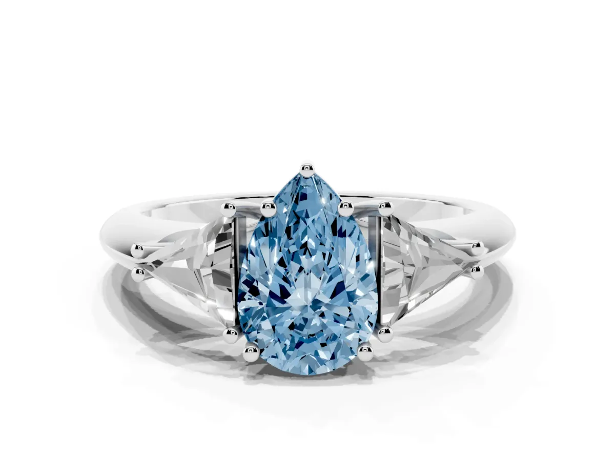 Fancy Blue Three-Stone Pear Cut Diamond Engagement Ring with Trillion Side Stones and Prong Setting Silver