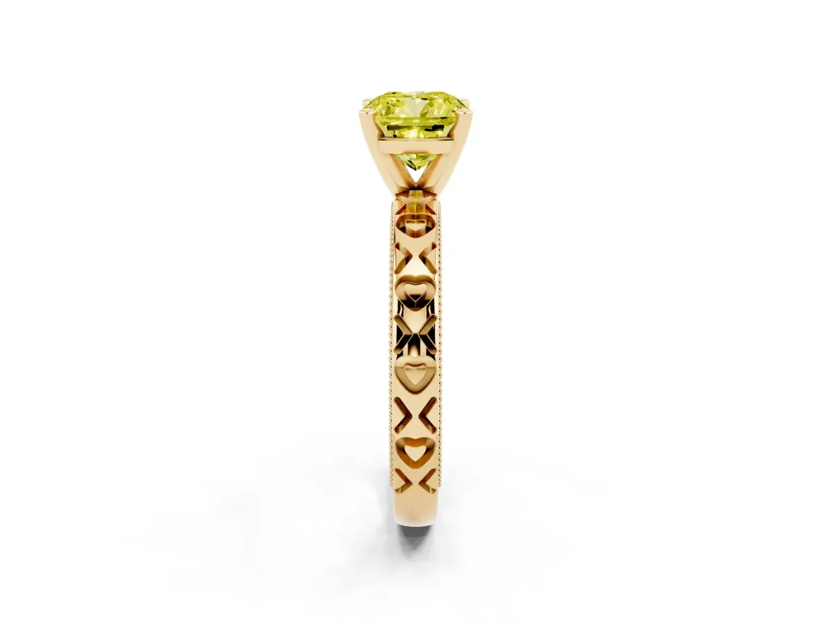 Fancy Yellow Cushion Cut Solitaire Diamond Engagement Ring with XO Engraved Band and Four-Prong Setting Yellow gold