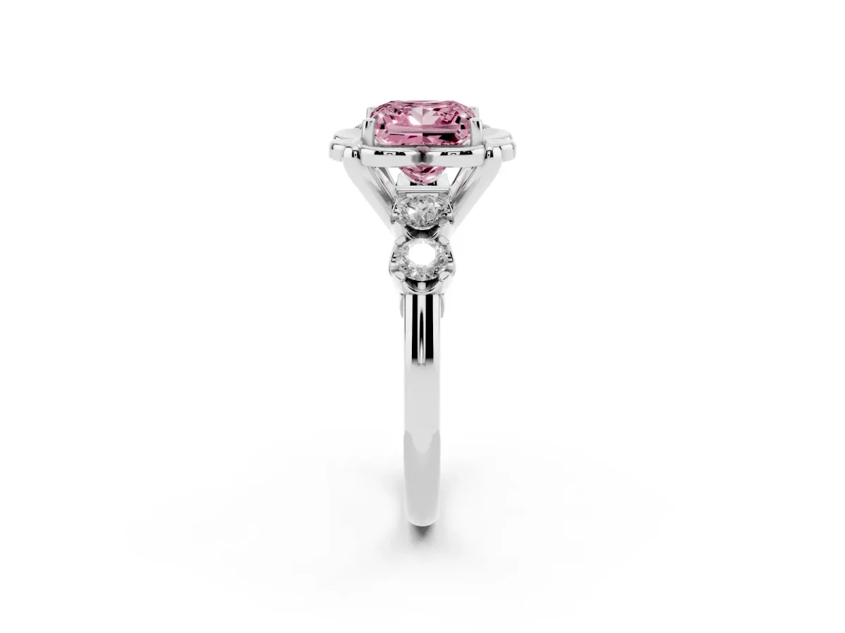 Fancy Pink Princess Cut Cut Diamond Floral Halo Engagement Ring with Shared Prong Setting Platinum