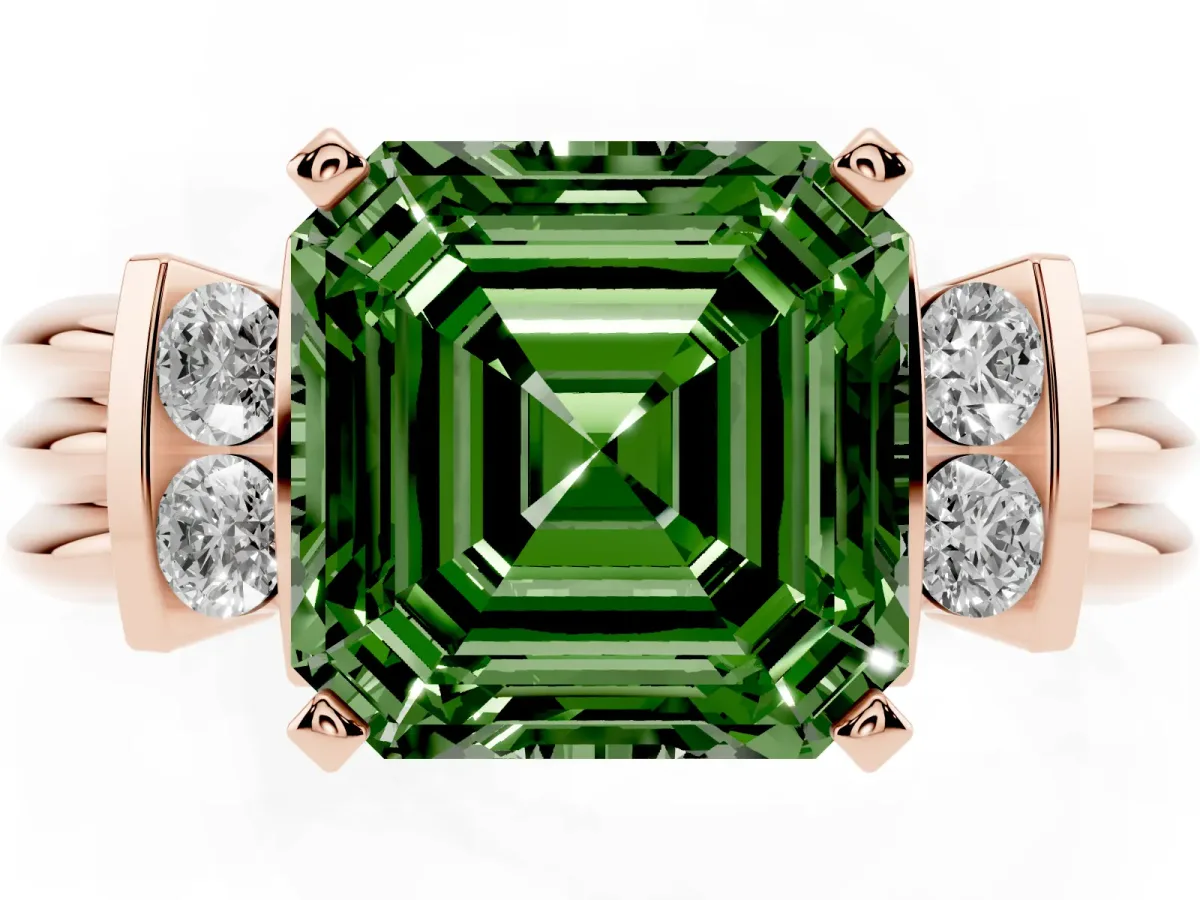 Fancy Green Asscher Cut Cut Three-Stone Channel Set Ring with Bar Prongs Rose gold