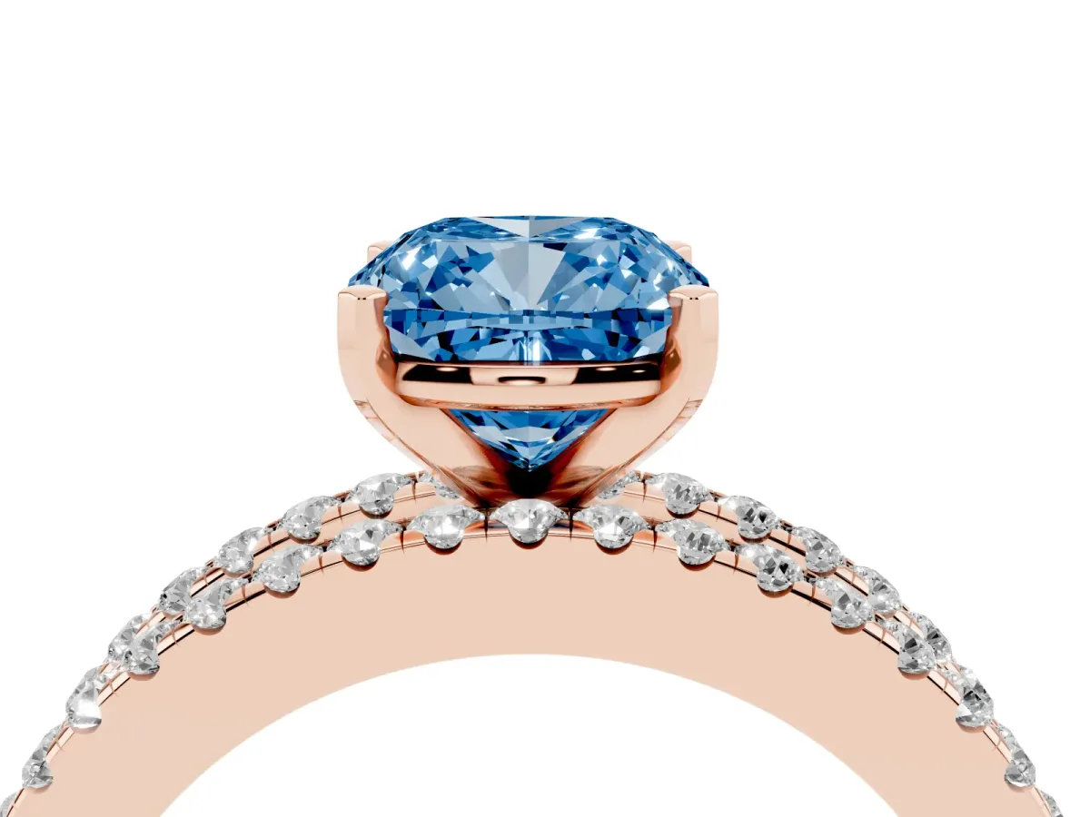 Fancy Blue Cushion Cut Diamond Solitaire Ring with Pavé and Channel Set Band Rose gold