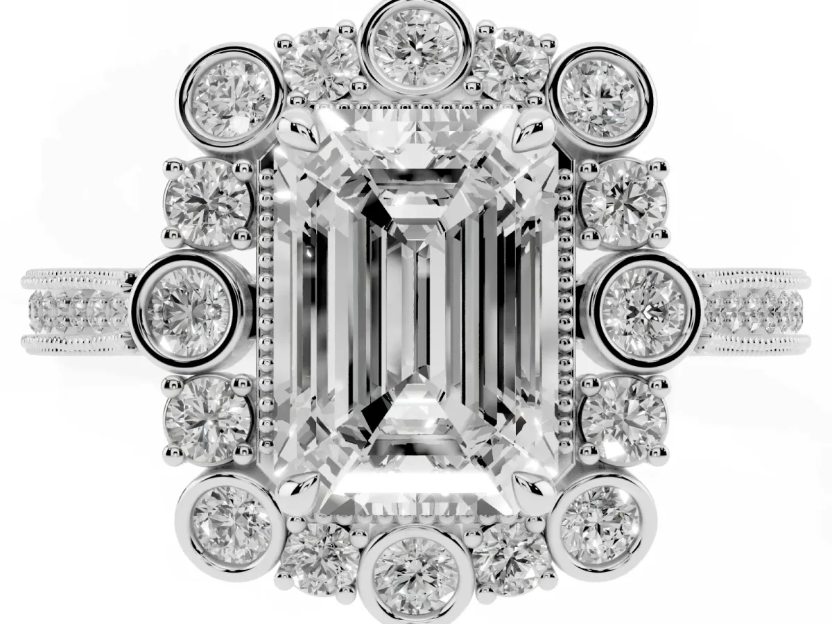 Emerald Cut Halo Milgrain Pave Diamond Ring with Four-Prong Setting Platinum
