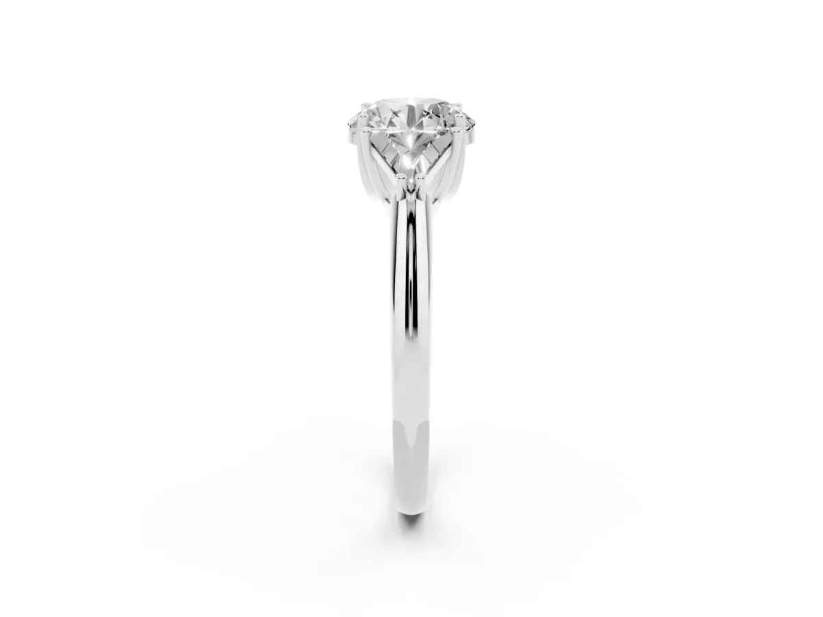 Three-Stone Round Cut Diamond Engagement Ring with Trillion Side Stones and Prong Setting Silver