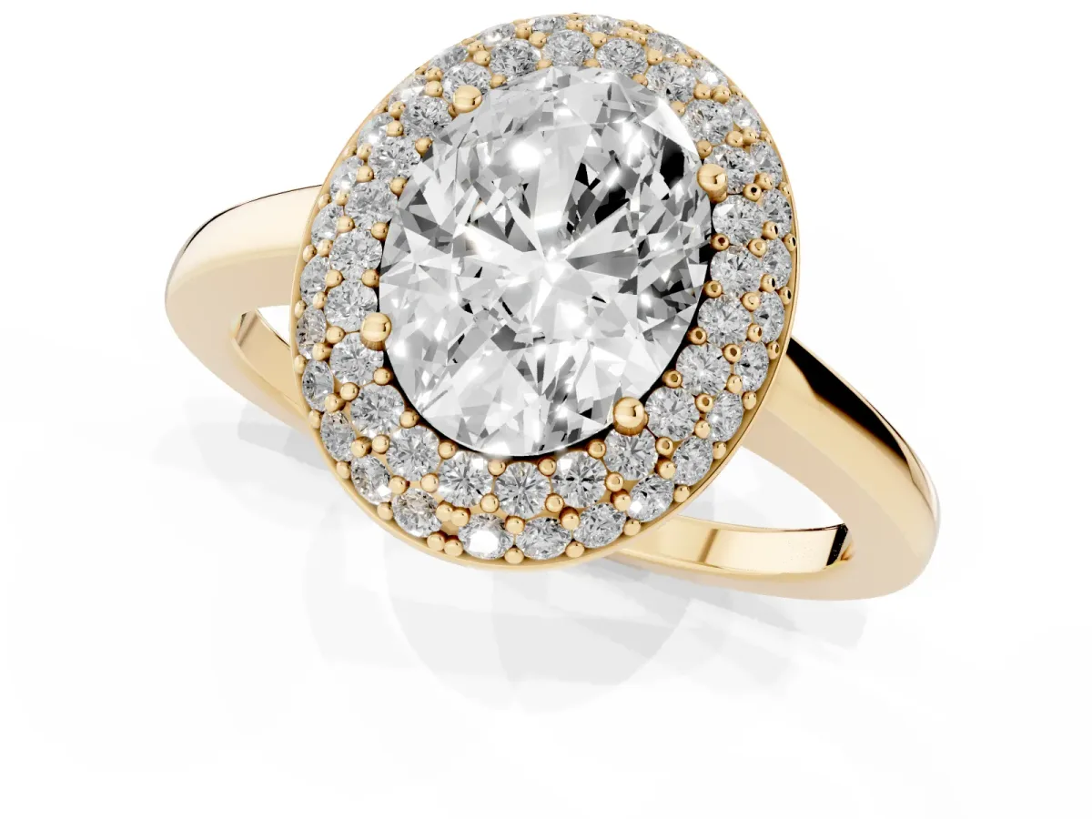 Oval Cut Halo Diamond Engagement Ring with Solitaire Band and Four-Prong Setting Yellow gold