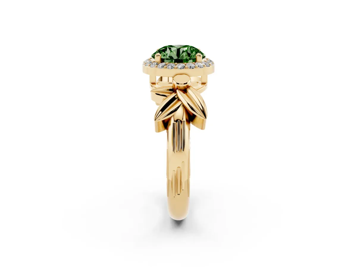 Fancy Green Round Cut Halo Diamond Floral Band with Four-Prong Setting Yellow gold