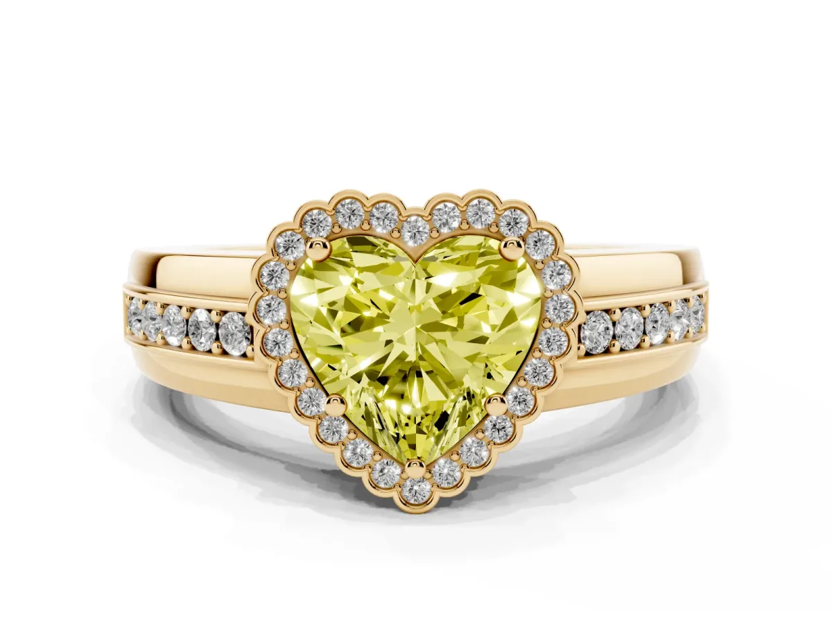 Fancy Yellow Heart Cut Cut Halo Pave Band Four-Prong Ring Yellow gold