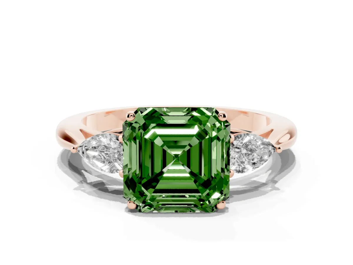 Fancy Green Three-Stone Asscher Cut Diamond Ring with Pear Side Stones in Four-Prong Setting Rose gold