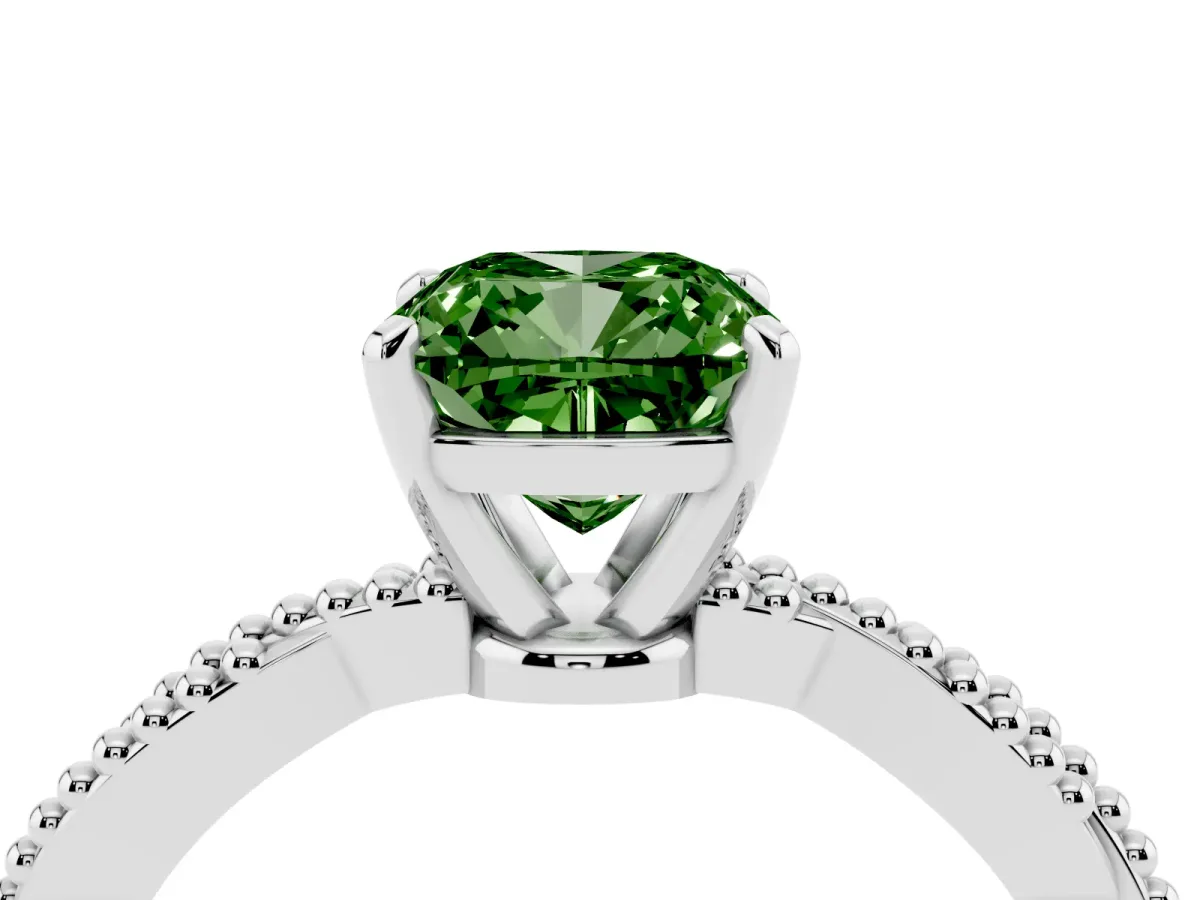 Fancy Green Cushion Cut Solitaire Twisted Band with Bead Prong Setting Silver