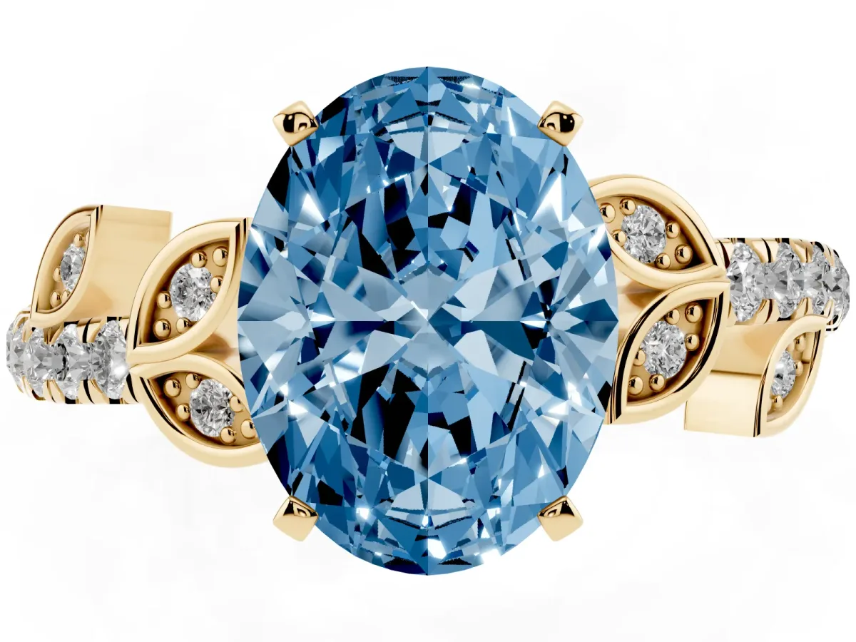 Fancy Blue Oval Cut Solitaire Leaf-Inspired Diamond Ring with Pavé Band and Four-Prong Setting Yellow gold