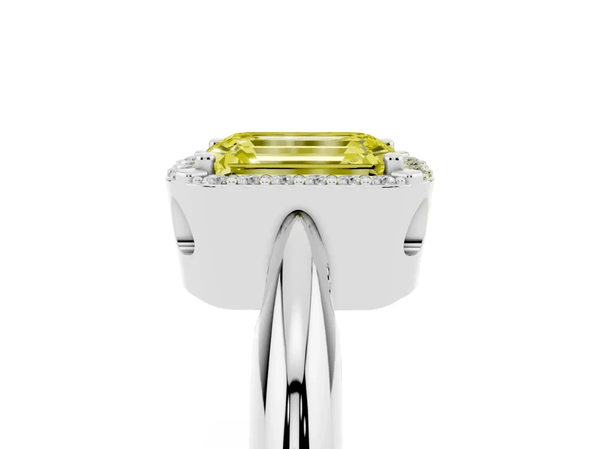 Fancy Yellow Emerald Cut Cut Diamond Halo Engagement Ring with Split Shank and Four-Prong Setting Platinum