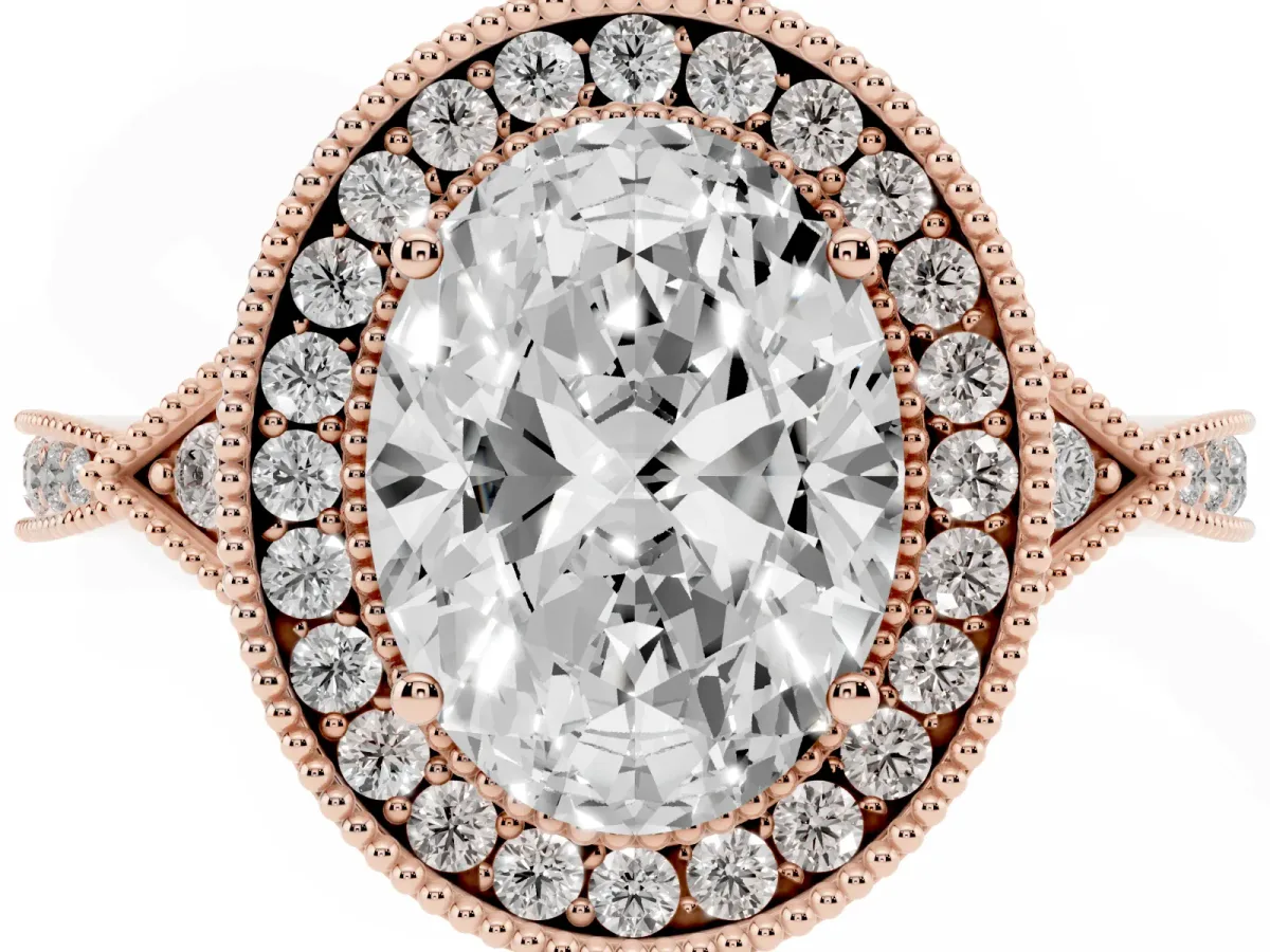 Oval Cut Halo Round Diamond Milgrain Pave Engagement Ring Rose gold