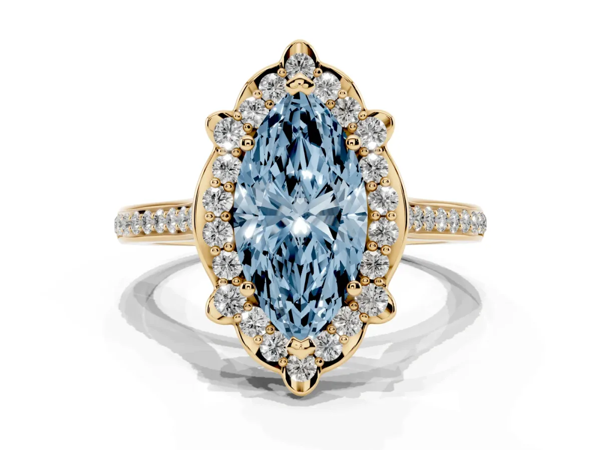 Fancy Blue Marquise Cut Halo Round Diamond Pave Band with Four-Prong Setting Yellow gold