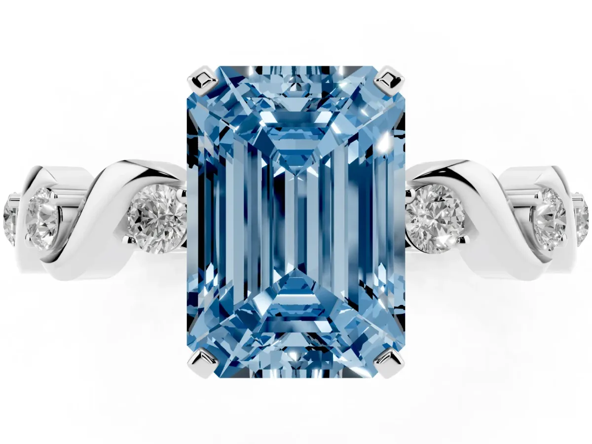 Fancy Blue Emerald Cut Diamond Solitaire Twisted Band with Round Accents and Prong Setting Platinum