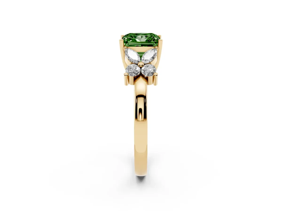 Fancy Green Princess Cut Diamond Floral Cluster Ring with Solitaire Band and Prong Setting Yellow gold