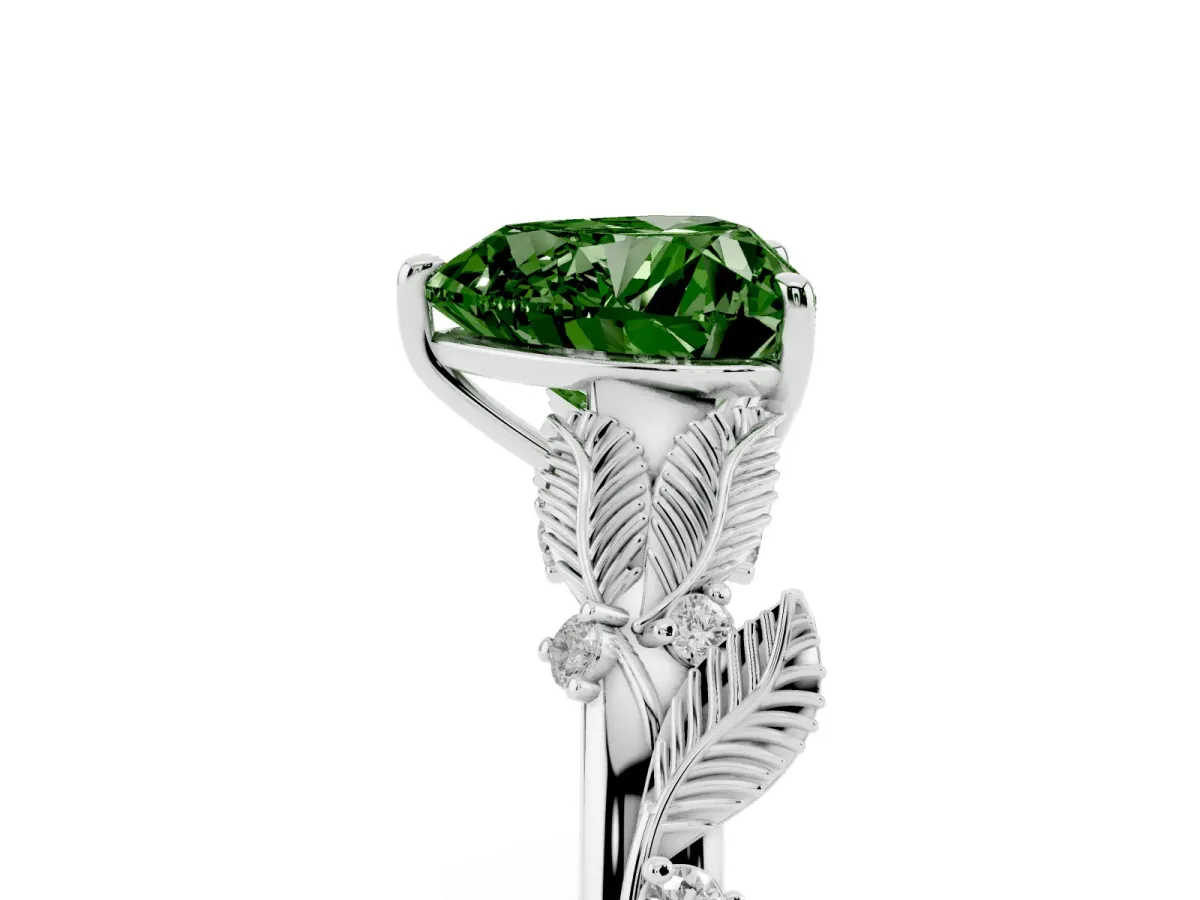Fancy Green Heart Cut Diamond Solitaire Ring with Leaf Motif Band and Four-Prong Setting Silver
