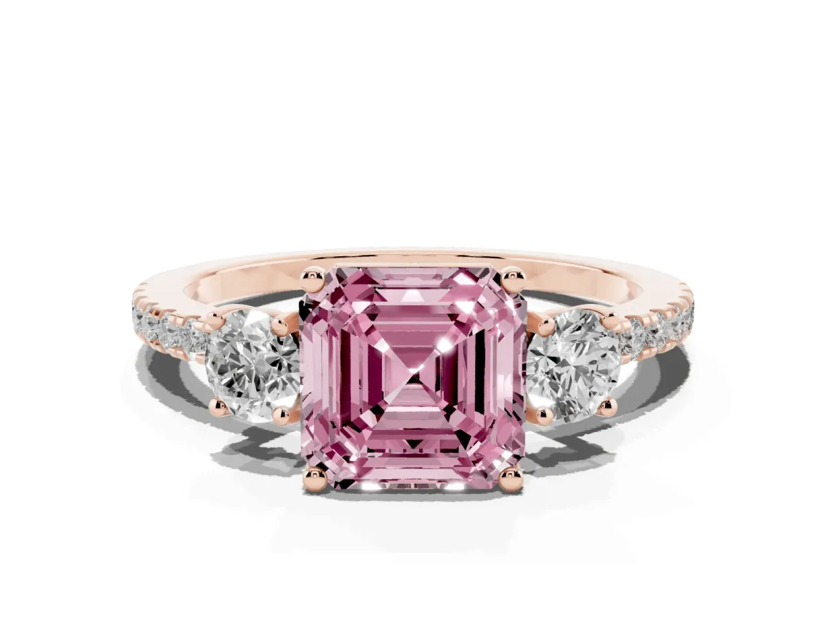 Fancy Pink Three-Stone Asscher Cut Cut Diamond Pavé Band with Prong Setting Rose gold