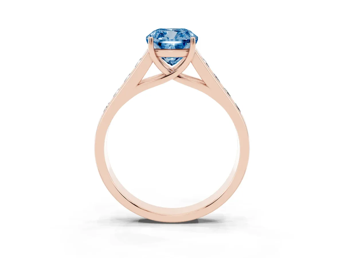 Fancy Blue Cushion Cut Brilliant Channel-Set Solitaire Ring with Four-Prong Setting Rose gold