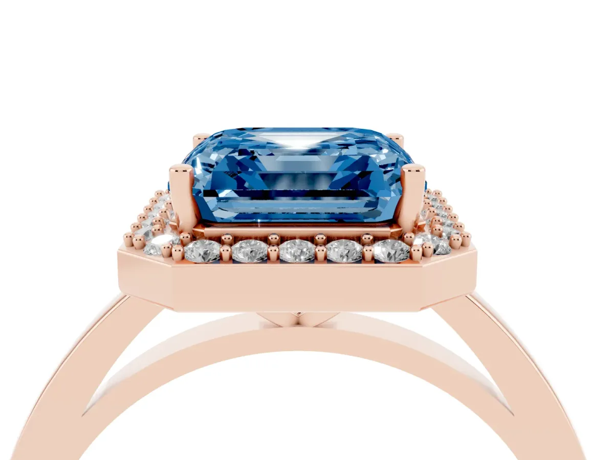 Fancy Blue Asscher Cut Halo Diamond Ring with Solitaire Band and Prong Setting Rose gold