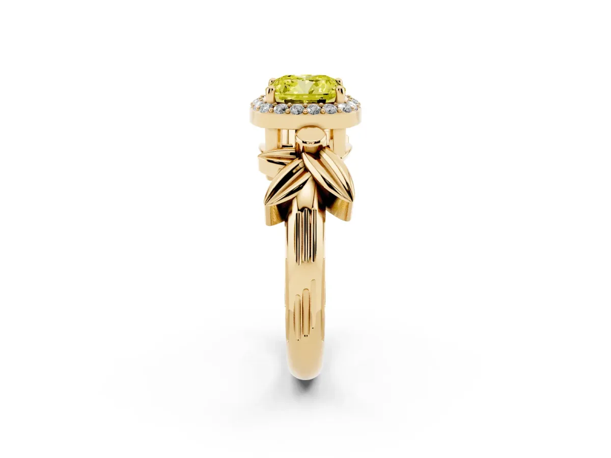 Fancy Yellow Cushion Cut Halo Diamond Floral Band with Four-Prong Setting Yellow gold
