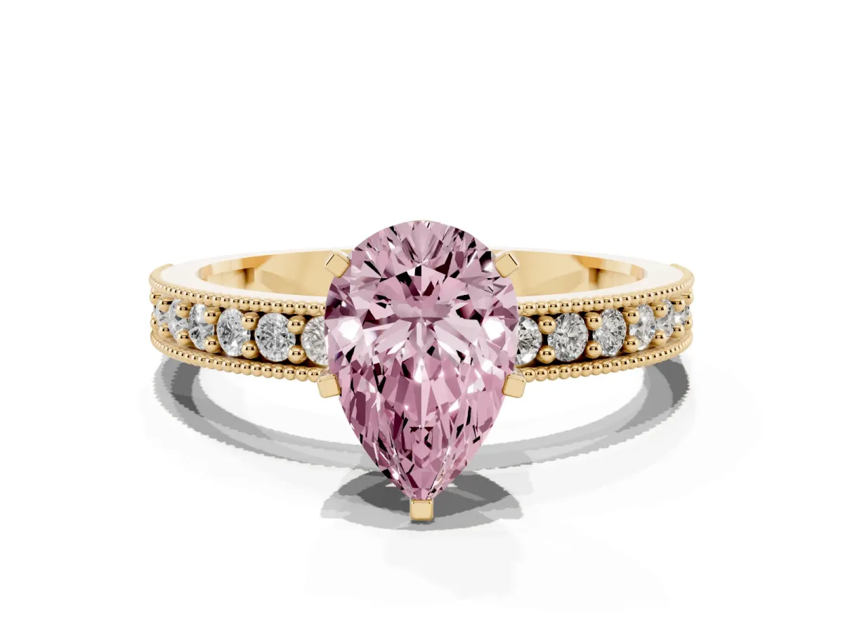 Fancy Pink Pear Cut Diamond Milgrain Pavé Engagement Ring with Four-Prong Setting Yellow gold
