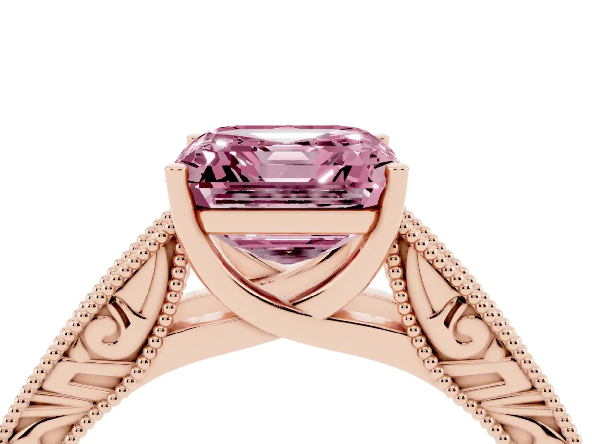 Fancy Pink Asscher Cut Diamond Solitaire Ring with Engraved Band and Four-Prong Setting Rose gold