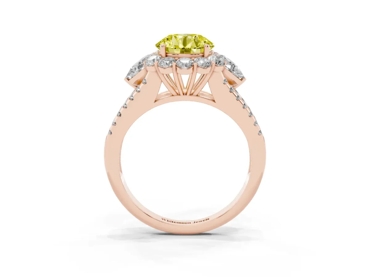 Fancy Yellow Round Cut Halo Split Shank Diamond Engagement Ring with Prong Setting Rose gold