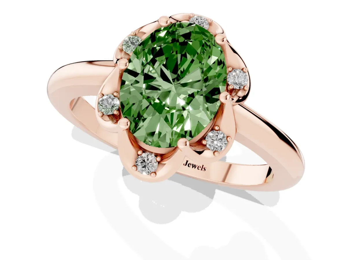 Fancy Green Oval Cut Halo Diamond Ring with Round Cluster Setting, Solitaire Band, and Four-Prong Setting Rose gold