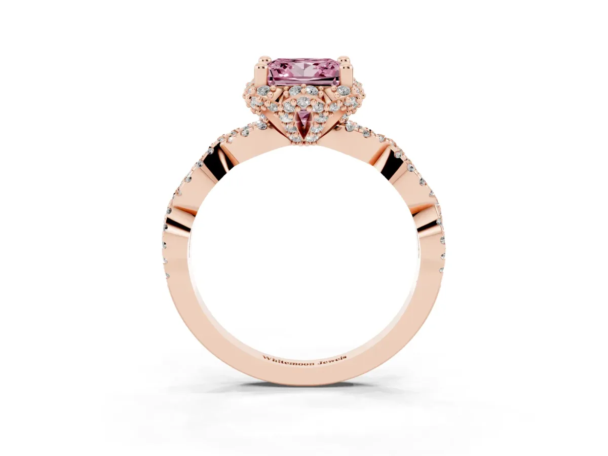 Fancy Pink Princess Cut Halo Twist Band Solitaire Ring with Six-Prong Setting Rose gold